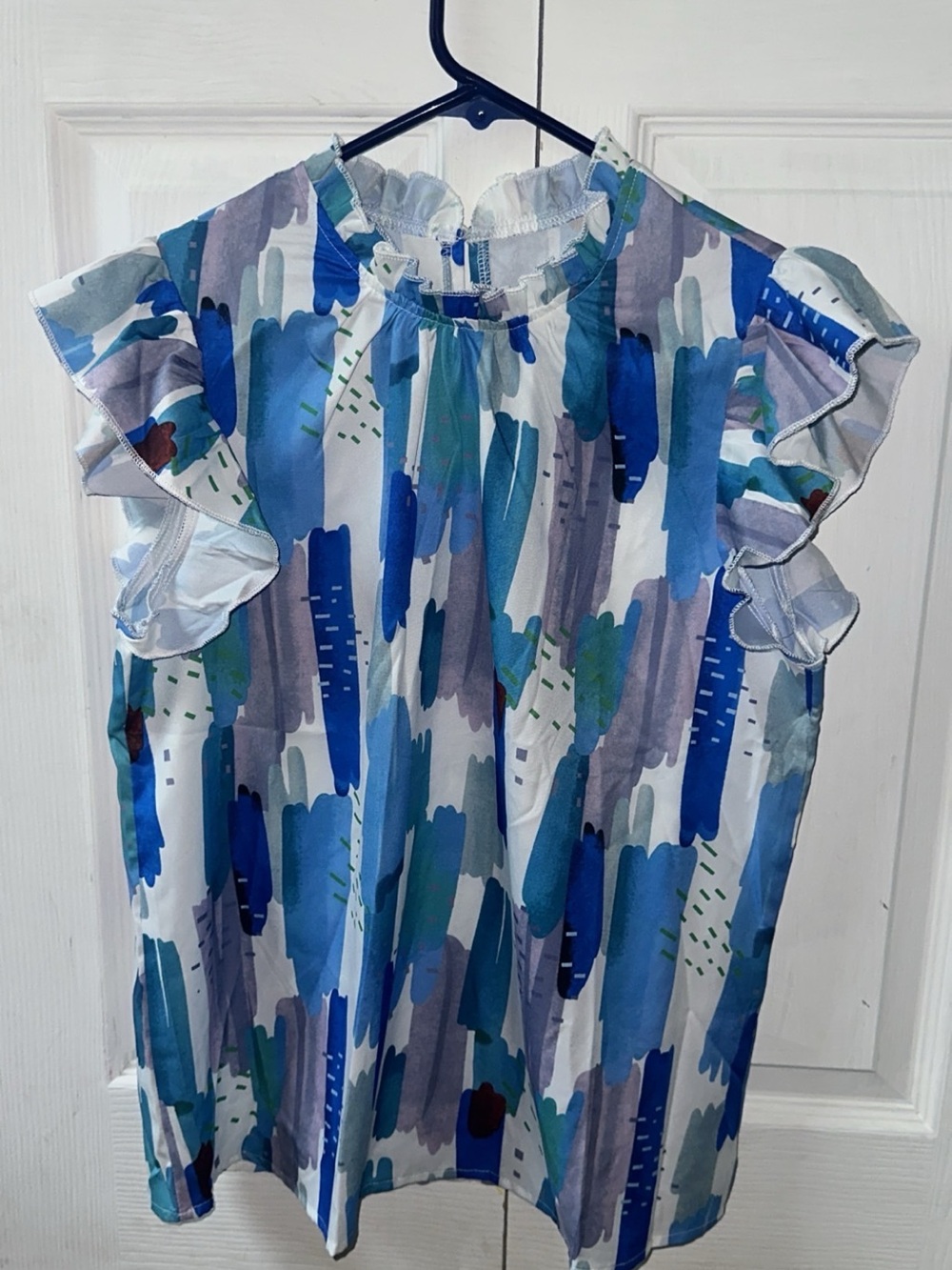 Sleeveless Ruffle Shoulder Watercolor Print Blouse - Blue Multi